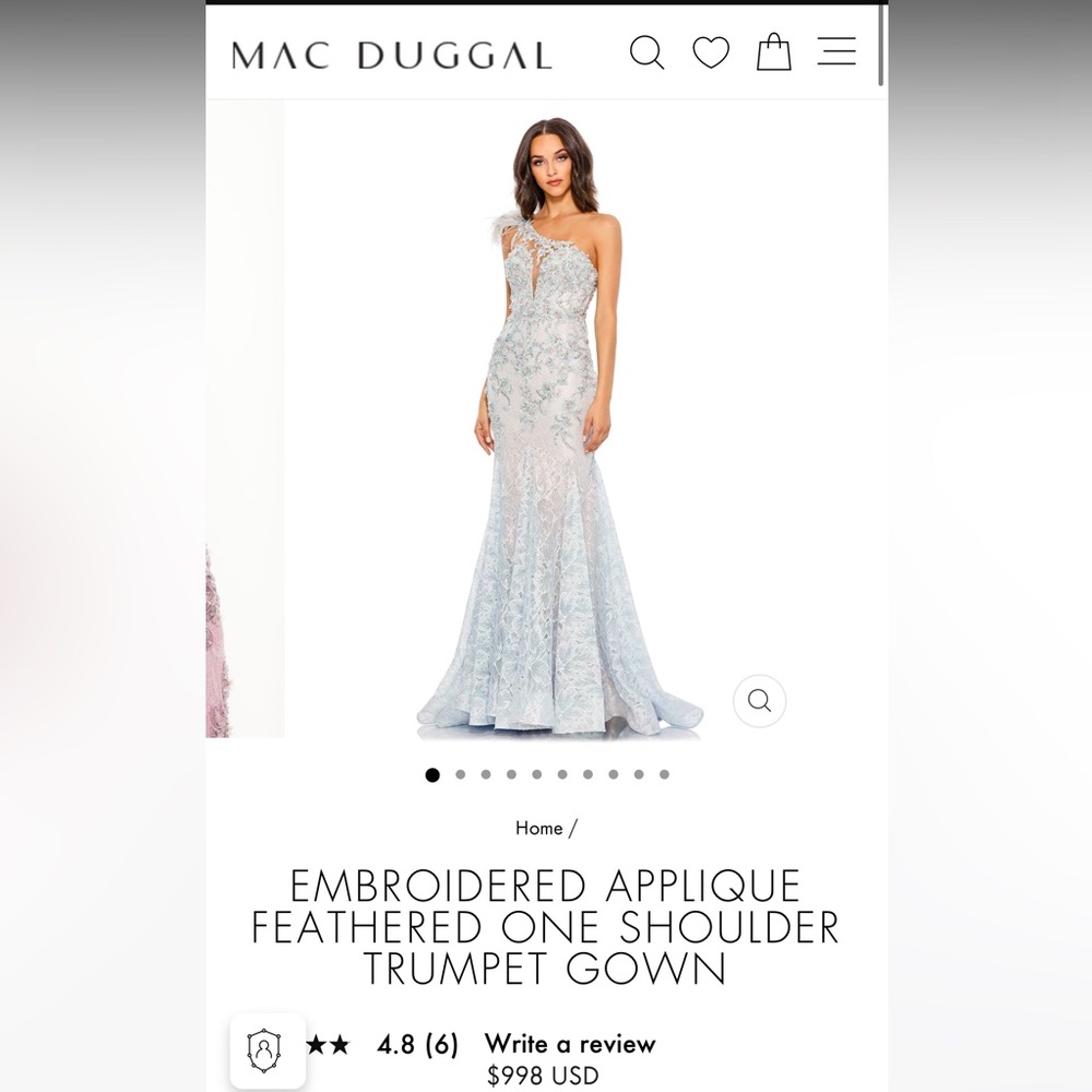 Mac Duggal, EMBROIDERED APPLIQUE FEATHERED ONE SHOULDER TRUMPET GOWN, size 8